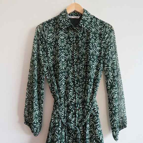 ZARA Sheer Leaf Print Belted Button Front Dress in Forest Green Boho - Size S - Picture 5 of 16